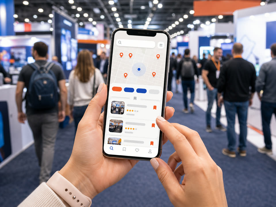 An attendee using a phone to search vendors and booth locations at an event