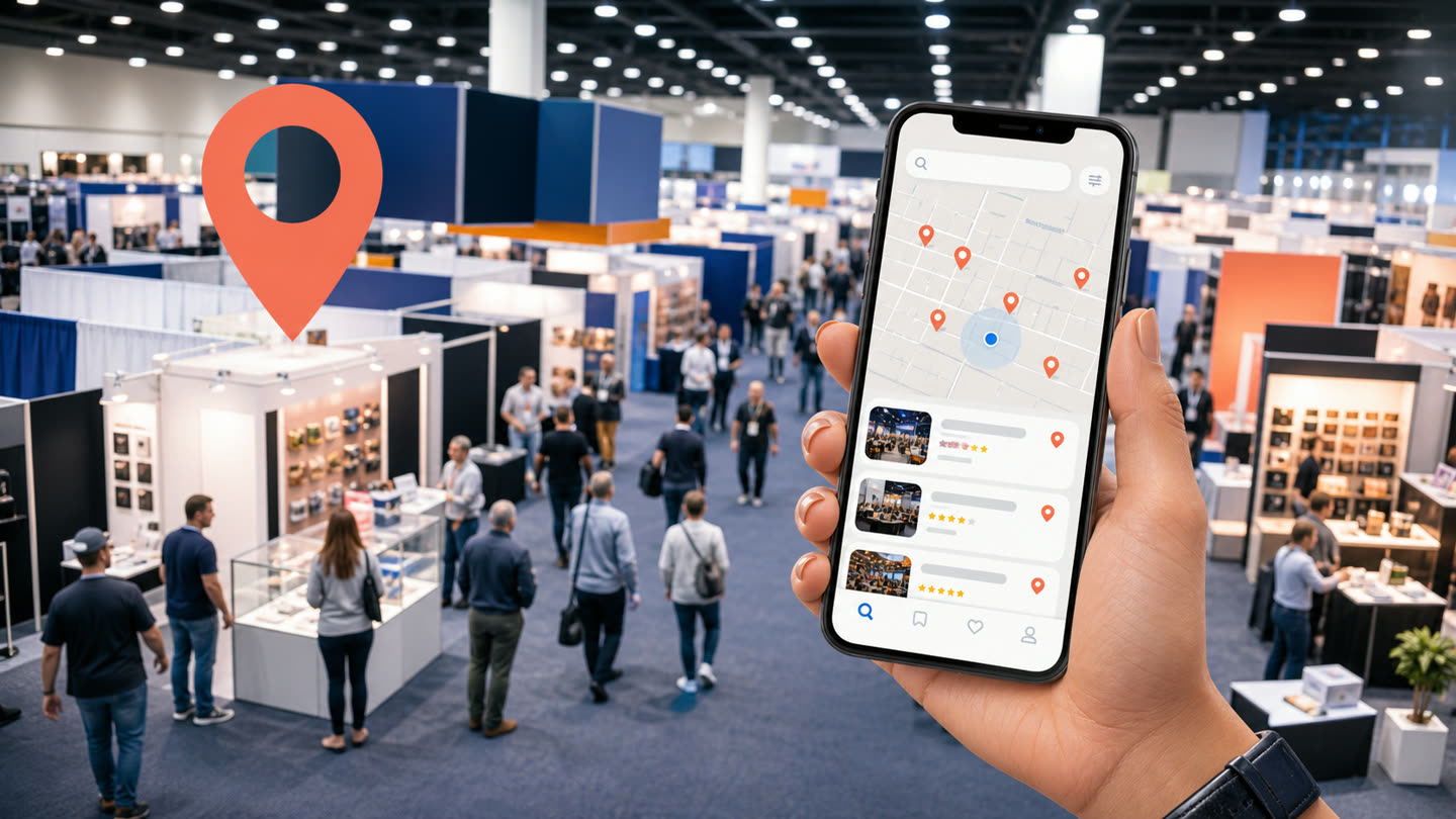 A live event floor with a mobile map showing vendor booth pins